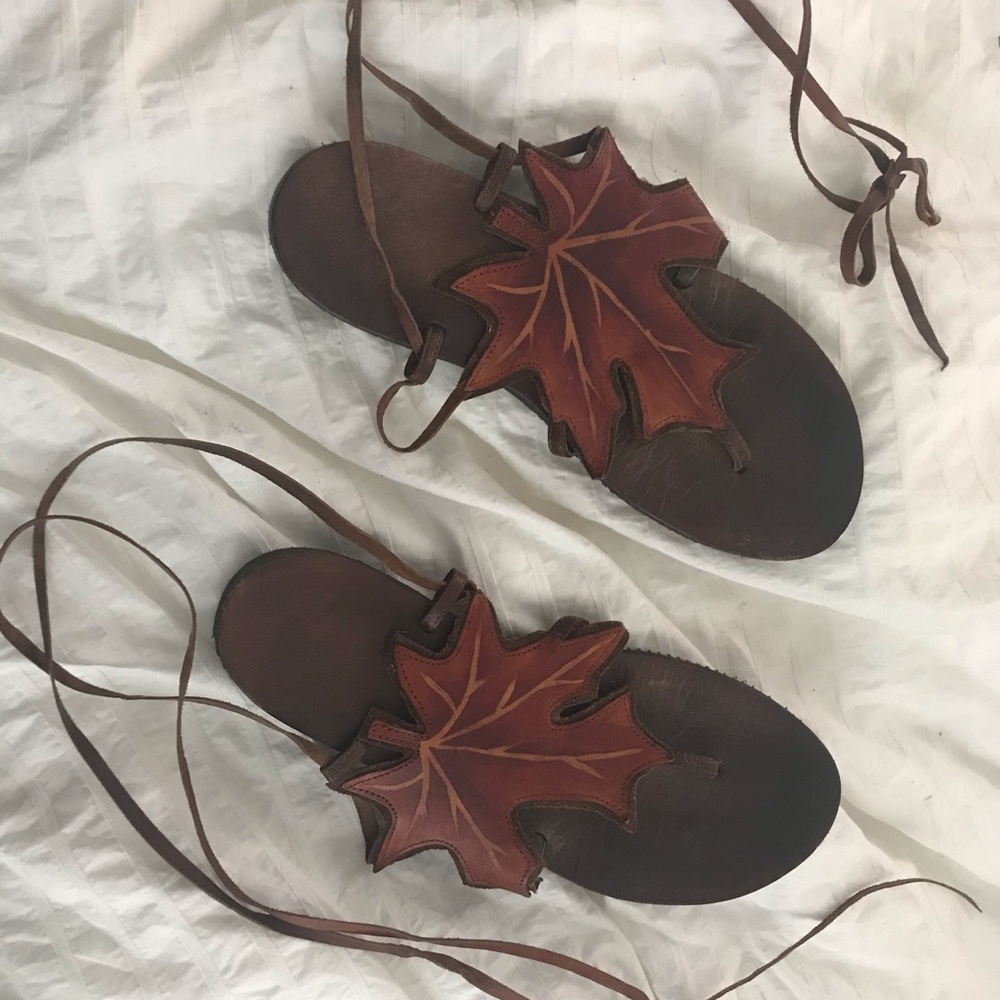 Hand painted, leather maple leaf sandals
